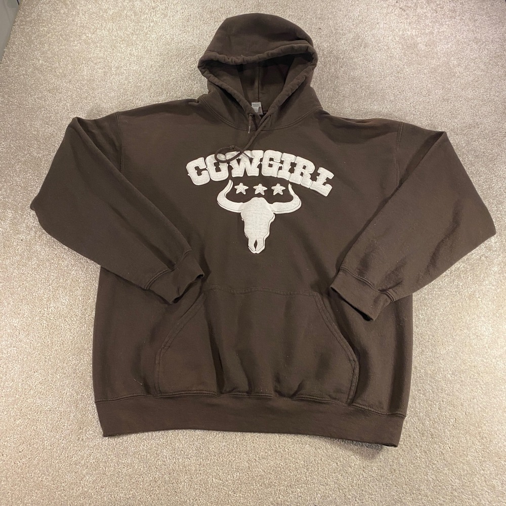 Gildan Hoodie Womens Large Brown Cowgirl Longhorn Skull Graphic Sweatshirt